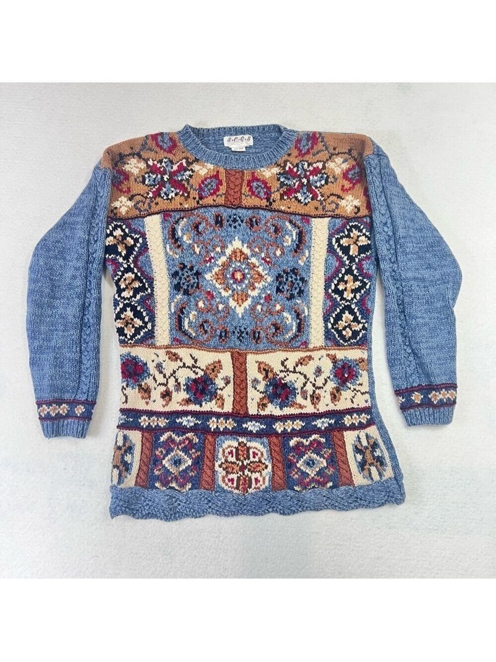 Vintage 90’s Chunky Sweater SGCS by Sacha Flora Geometric Pattern Blue Size M